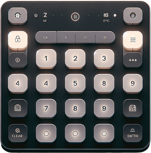 A clean and minimalistic mobile app interface for cracking a digital safe, designed with modern web design best practices. The centerpiece of the screen is a 3x4 grid with 12 square buttons, evenly spaced and aligned, resembling a secure keypad. Each button has a flat, modern design with sharp edges, soft shadows, and bold numbers (0-9) along with 'Clear' and 'Enter' buttons on the bottom row.

Above the keypad, there is a rectangular display screen where entered digits appear, styled with a dark background and crisp, glowing white text to evoke a secure, high-tech feel. The interface includes subtle visual cues of a safe-cracking theme, such as a faint metallic texture in the background or a subtle outline of a safe door around the display.

The overall layout is intuitive and professional, using a neutral color palette with subtle accents like light grey buttons and soft hover or press effects. The design is uncluttered and functional, balancing simplicity with a sleek aesthetic that.
Single Game Texture. In-Game asset. 2d. Blank background. High contrast. No shadows.