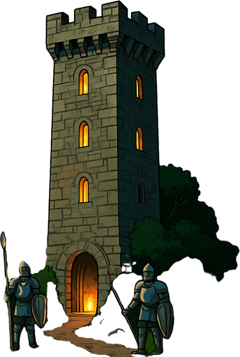 A hidden stone tower in a lush mountain pass, guarded by loyal knights, soft firelight glowing from narrow windows, peaceful and fortified, realistic.
In-Game asset.  2d.  High contrast.  No shadows