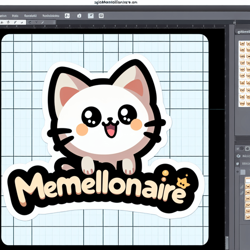 Text saying 'Memellionaire'. cute, cartoony font. looks like a sticker. feline themed.
Single Game Texture. In-Game asset. 2d. Blank background. High contrast. No shadows.