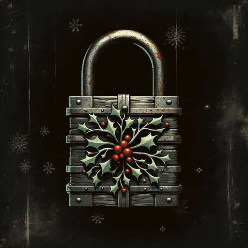 eerie christmas inspired mistletoe lock with a resident evil style.
Single Game Texture. In-Game asset. 2d. Blank background. High contrast. No shadows.