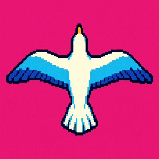 A seagull with wings spread straight out as if soaring. Top down view, looking down from above. 80s arcade machine graphics.
In-Game asset.  2d.  High contrast.  No shadows