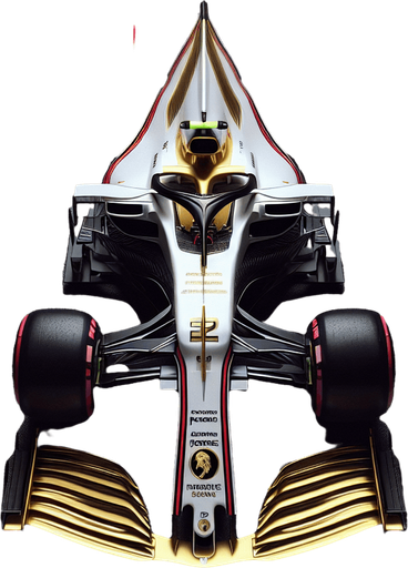 Photorealistic Porsche F1 race car, top view. 
Golden logo on car nose.
White body with black rear and front wing.
Very thick red lines on body from front wing to rear wing. 
Replace Porsche text to white coloured ,,Porshe" text on rear wing.