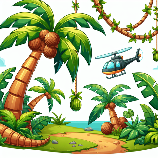 Design a cartoon-style palm tree or jungle vine obstacle for a helicopter game. The palm should have a curved trunk, big floppy leaves, and maybe coconuts. The vines can hang or swing. Make it playful and jungle-themed.