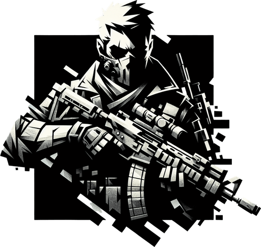 a cool player with gun seeing left size.
Single Game Texture. In-Game asset. 2d. Blank background. High contrast. No shadows.