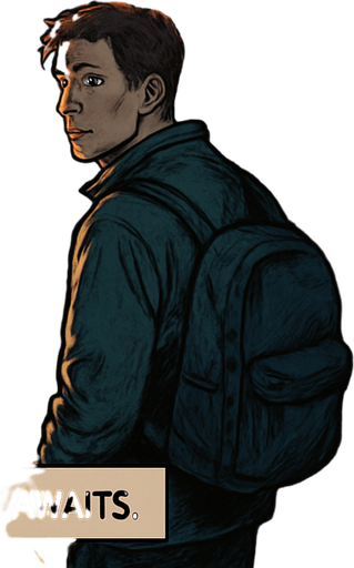 Realistic comic art in 2048x2048. Outside a cozy urban bar glowing with neon sign "Rhythmaholic Bar". Noah stands in front of the door, hesitant but hopeful. Warm interior light spills onto the street. Narrator box at the bottom-center with the text: "A new beat awaits."