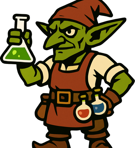 kimyasalcı goblin, boydan.
In-Game asset.  2d.  High contrast.  No shadows