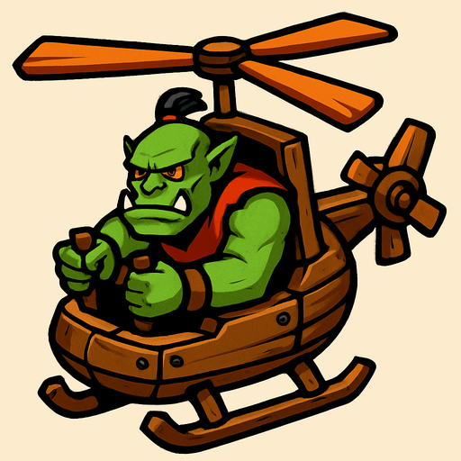 Orc in a wooden helicopter.
In-Game asset.  2d.  High contrast.  No shadows
