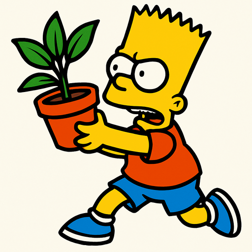 Bart holding a pot with a plant and is about to throw it.
In-Game asset.  2d.  High contrast.  No shadows