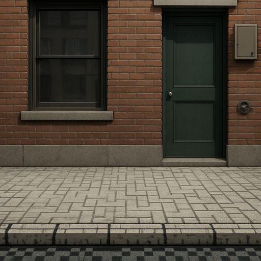 A realistic urban background with a pixel art style sidewalk. The pavement should clearly show pixelated texture and structure, resembling retro pixel art, while the rest of the scene maintains a more detailed or semi-realistic look..
In-Game asset.  2d.  High contrast.  No shadows