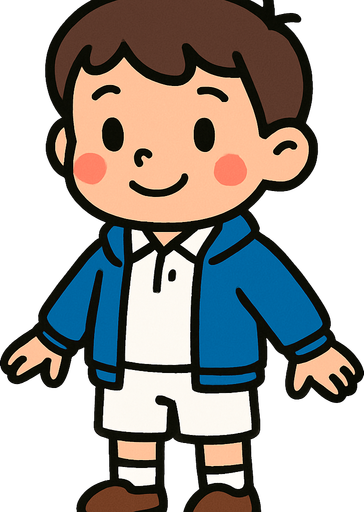 Niño pequeño con uniforme blanco y sudadera azul.
In-Game asset.  2d.  High contrast.  No shadows
