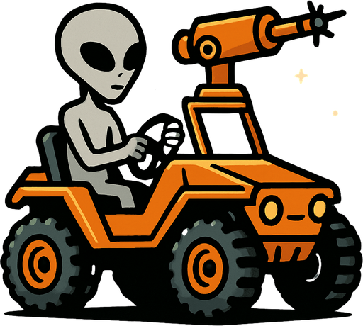 Grey alien driving a moon buggy space car with a laser cannon mounted on the roof.
In-Game asset.  2d.  High contrast.  No shadows