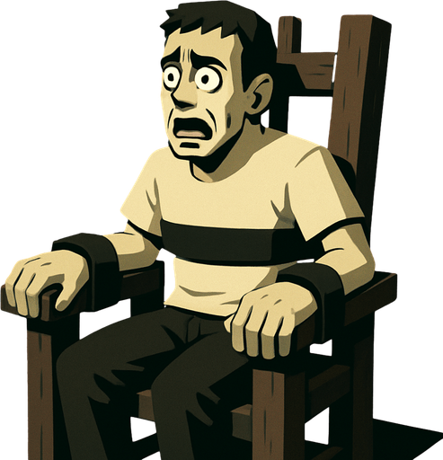 a person in site position chair and scared and his hands on the to woods of the chair (torturing chair) tied similar to saw room scene
In-Game asset.  High contrast.  No shadows. 3D