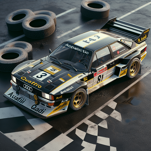 Photorealistic Audi Quattro B2 rally car with yellow stickers, from topback view