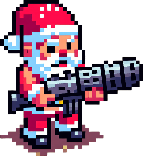 a top view of a 16 bit sprite santa with a bazooka Single Game Texture. In-Game asset. 2d. Blank background. High contrast. No shadows.
