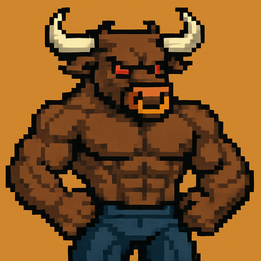 Toro furry fuerte sin camisa pixelado.
In-Game asset.  2d.  High contrast.  No shadows
