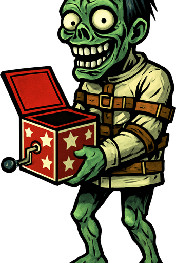 Zombi a cuerpo completo de piel verdosa y pálida, con cabello desordenado y ojos saltones, viste una camisa de fuerza con correas de cuero alrededor de sus brazos y torso. sostiene una caja de sorpresas roja y blanca con estrellas, que tiene una manivela en un lado. Su expresión es de una sonrisa macabra.
In-Game asset.  2d.  High contrast.  No shadows