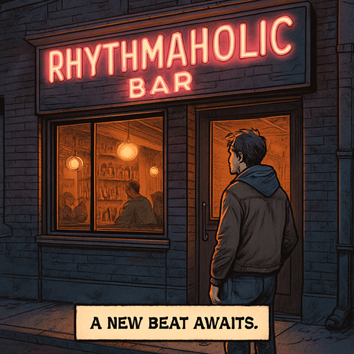 Realistic comic art in 2048x2048. Outside a cozy urban bar glowing with neon sign "Rhythmaholic Bar". Noah stands in front of the door, hesitant but hopeful. Warm interior light spills onto the street. Narrator box at the bottom-center with the text: "A new beat awaits."