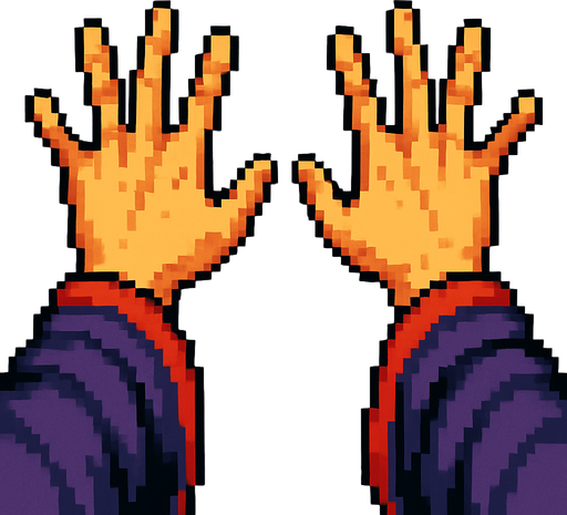 A first person view of set of hands splayed out as if to cast a spell. Facing away. Mystical robes around the wrists.  Pixel art
In-Game asset.  2d.  High contrast.  No shadows