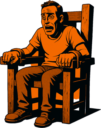 a person in site position chair and scared and his hands on the to woods of the chair (torturing chair) tied similar to saw room scene
In-Game asset.  High contrast.  No shadows. 3D