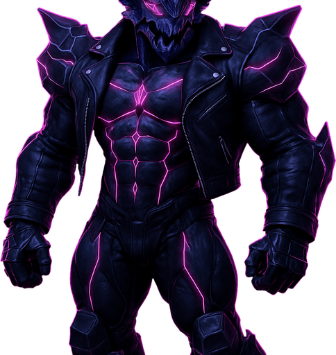 Black leather biker jacket longsleeves bare segmented neon cyberpunk pecs abs muscles robot monster hunk