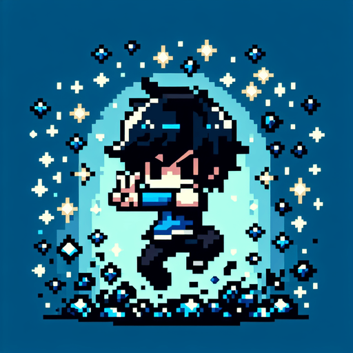 pixel person with black hair, black pants, black eyes, and blue clothes making a V with hands jumping in a rain of diamonds.
Single Game Texture.  In-Game asset.  2d.  Blank background.  High contrast.  No shadows