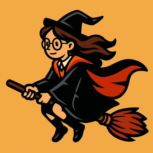 çalı süpürgesine binen pelerinli kız bir büyücü harry potter temasında.
In-Game asset.  2d.  High contrast.  No shadows