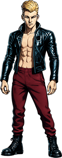 Idle animation, sleek graceful man Cyberpunk manga, facing forward idle pose shiny black leather biker jacket longsleeves shirtless Skinny abs blonde pompadour guy, action shot wine red joggers combat boots, Background removed, "Full-body character, entirely in frame, no cropping of face, head, or feet" "Complete character visible, from head to toe, fully centered in the image" "Entire character, including face and boots, fully within the frame" Character fully contained within a square frame, no edges cut off fashion model pose