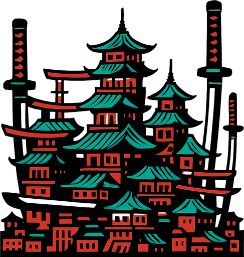 A Katana City.
In-Game asset.  2d.  High contrast.  No shadows