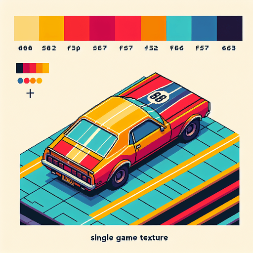 colorful car. orthographic top view.
Single Game Texture.  In-Game asset.  2d.  Blank background.  High contrast.  No shadows