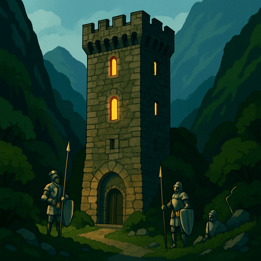 A hidden stone tower in a lush mountain pass, guarded by loyal knights, soft firelight glowing from narrow windows, peaceful and fortified, realistic.
In-Game asset.  2d.  High contrast.  No shadows