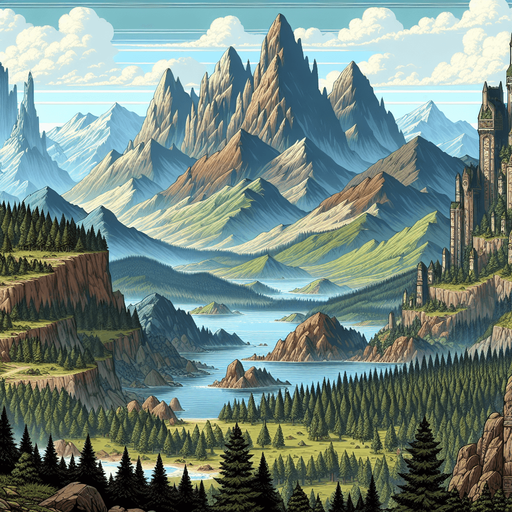 A background illstration for a game, rich in style, medieval fantasy themed, of a landscape seen from a great distance, like froma mountain ridge with mountains and forests and lakes and lots of features..
Single Game Texture. In-Game asset. 2d. Blank background. High contrast. No shadows.