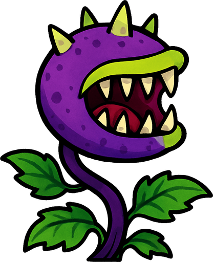 Forma general: La planta tiene un cuerpo principal redondeado, similar a una cabeza, de donde emerge un tallo.

Color: El cuerpo principal es de un vibrante color púrpura, salpicado con algunas manchas más oscuras del mismo tono.

Boca: Posee una boca enorme y abierta que domina gran parte de su "cabeza". El borde de la boca es de un color verde lima brillante.

Dientes: En el interior de la boca, se pueden ver numerosos dientes grandes, afilados y puntiagudos, de color blanco o crema, que sugieren su naturaleza carnívora. La encía visible dentro de la boca es de un tono rosa rojizo.

Cuernos/Espinas: En la parte superior de su cabeza, tiene tres o cuatro protuberancias cónicas y afiladas, de color verde claro o blanquecino, que parecen espinas o cuernos.

Tallo y hojas: Un tallo largo y curvado de color púrpura oscuro se extiende desde la parte inferior de la cabeza. Varias hojas verdes, con una forma ondulada o dentada, brotan del tallo, tanto cerca de la cabeza como en la base..
In-Game asset.  2d.  High contrast.  No shadows