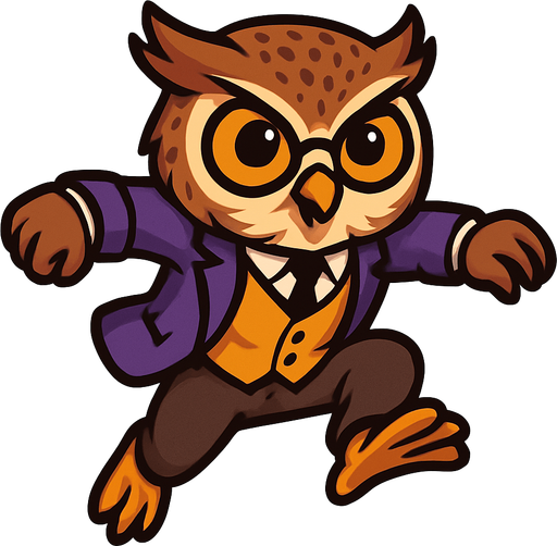 A stylized cartoon owl mascot with a sharp business suit, resembling a professional professor or detective. The owl has large expressive orange eyes, a speckled brown head, and detailed feathers. Its body is in mid-jump pose as if performing a parkour leap, arms slightly bent for momentum, legs tucked upward. The style is clean 2D vector art with high contrast, no shadows, and vibrant colors. Purple blazer, golden vest, black tie remain consistent. Background is blank. Focus on dynamic motion and confident energy, game-ready sprite texture.