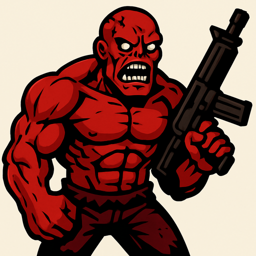boss zombi çok kaslı akıllı ve silahlı sinirli kızgın ve ten rengi kırmızı.
In-Game asset.  2d.  High contrast.  No shadows