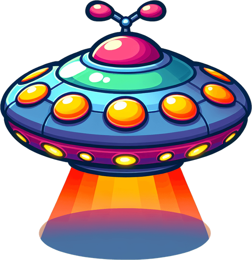 Create a cartoon-style  UFO obstacle for a helicopter game. The UFO should be rounded with glowing lights, antennas, and a colorful alien style..
Single Game Texture.  In-Game asset.  2d.  Blank background.  High contrast.  No shadows