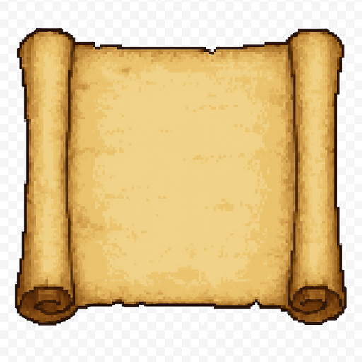 High-quality 2D pixel art of an empty parchment scroll. The scroll is slightly aged, with soft yellowed paper tones, curled edges, and subtle wrinkles and texture details. The ends are rolled and slightly shadowed for depth. The parchment is unrolled and centered, with no text or symbols on it. Style is clean and classic 16-bit pixel art, suitable for use in a fantasy RPG inventory or dialogue box. Transparent background.".
In-Game asset.  2d.  High contrast.  No shadows
