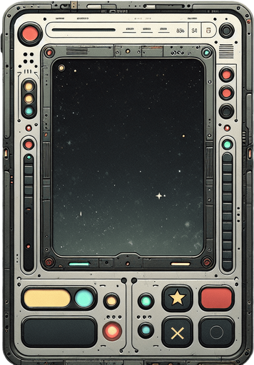 Design a clean and minimalistic landscape-oriented mobile phone interface inspired by Star Wars, adhering to user-friendly web design principles. The frame has a sleek, weathered industrial aesthetic with rounded edges and a muted metallic finish. The screen is completely empty, providing a clean and open space.

At the bottom of the HUD, align four large buttons in a simple, straight row. Each button features a unique, bold shape: a triangle, a square, an X, and a star. The buttons are evenly spaced, brightly colored (e.g., red, green, blue, yellow), and have a subtle glow with smooth, tactile designs to make them visually distinct and user-friendly.

The background incorporates faint industrial details, such as subtle panel lines or rivets, to reinforce the Star Wars aesthetic without overwhelming the design. The interface balances functionality and thematic style while maintaining a minimalist and intuitive layout focused on the aligned button array..
Single Game Texture. In-Game asset. 2d. Blank background. High contrast. No shadows.