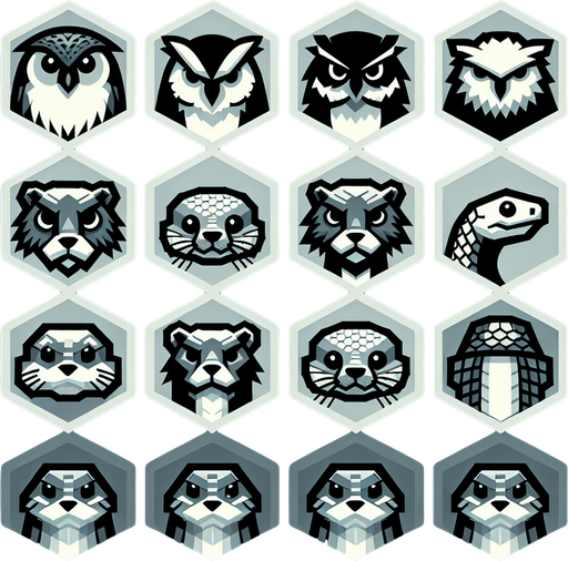 A sprite sheet for game icons featuring an owl, an otter and a snake. Hexagon icons featuring the head of animal. 
Single Game Texture. In-Game asset. 2d. Blank background. High contrast. No shadows.