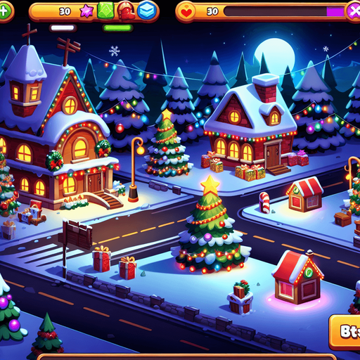Christmas night, a village in the bottom, cartoon Single Game Texture. In-Game asset. 2d. Blank background. High contrast. No shadows.
