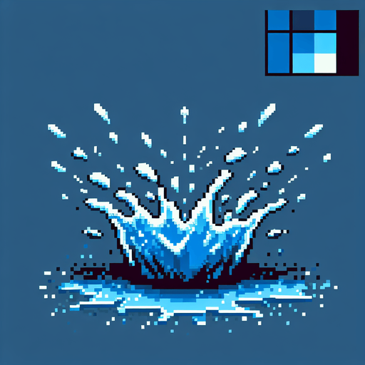 8-bit water splash effect.
Single Game Texture. In-Game asset. 2d. Blank background. High contrast. No shadows.