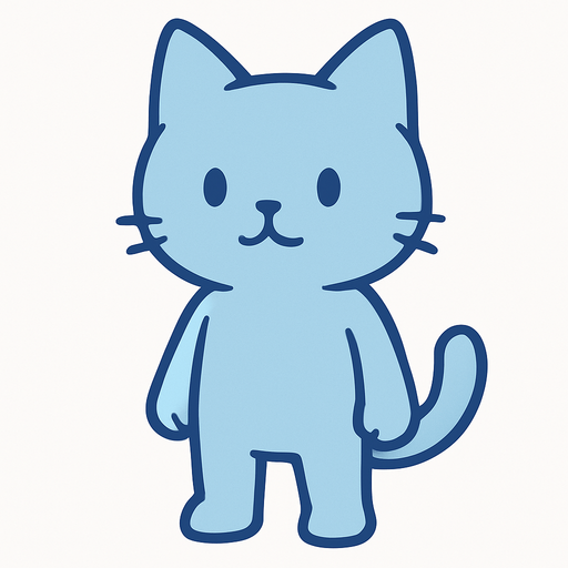 A simple blue cartoon cat standing upright, no accessories or effects, clean and minimal style, no musical notes or particles, not too stylish, designed as the main character for a rhythm game with a cold, minimal theme, light outlines and smooth shading, no background.
In-Game asset.  2d.  High contrast.  No shadows