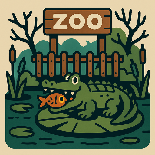 A swamp like zoo exhibit with a crocodile on top of a lily pad with a fish.
In-Game asset.  2d.  High contrast.  No shadows
