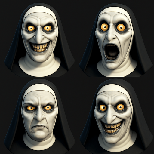 3D the nun Scary and funny face meme. different faces look. face only
In-Game asset.  3D.  High contrast.  No shadows