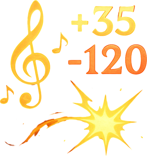 Design an icon for a toggle button labeled "Show Damage Numbers" in a fantasy tower defense game set in a magical concert hall. The icon should represent visible damage output using a musical and magical theme.

Main elements: show floating numbers (like “+35”, “-120”) rising or popping out from stylized musical symbols—such as a treble clef or burst of notes.
Optionally, display a glowing impact spark or small explosion with numbers around it to represent hit feedback.

Use gold, red, or white tones for the numbers and magical trails for emphasis.
Background should be neutral or dark, subtly textured (like velvet or wood), to enhance readability.

The icon must be square (256×256 px), readable at small sizes, and include no text.
Provide two visual states:

Enabled: numbers glowing, slightly animated or rising.

Disabled: numbers greyed out or crossed subtly with a muted tone.

Style: fantasy UI, clean and elegant, consistent with the musical combat theme of the game..
In-Game asset.  2d.  High contrast.  No shadows