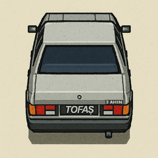Tofaş Şahin, seen from behind

Top-down, gta2, Single Game Texture. In-Game asset. 2d. Blank background. High contrast. No shadows.isometric