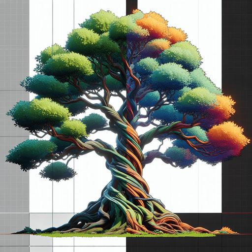a tall, thick tree with many thick branches. full color..
Single Game Texture.  In-Game asset.  2d.  Blank background.  High contrast.  No shadows