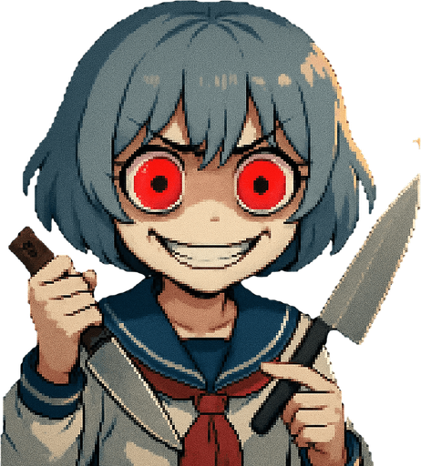 Stella, a 15-year-old anime girl with short, soft hair in a bluish-gray tone (HEX: #b0b9d8), and large black eyes with oversized irises (super kawaii style), glowing with intense yandere red. She wears a traditional Japanese school uniform (classic sailor fuku). She is inside a Japanese school locker, with soft light coming through the ventilation slits, casting dramatic shadows on her face. Her eyebrows are furrowed in extreme anger, but she has a wide, creepy smile, like someone completely insane. Dark under-eye circles highlight her unhinged expression. Her right hand holds a butcher knife slightly raised, while her left hand gently touches the blade with her index finger, mimicking a clock hand motion. Visual style: highly detailed Pixel Art.