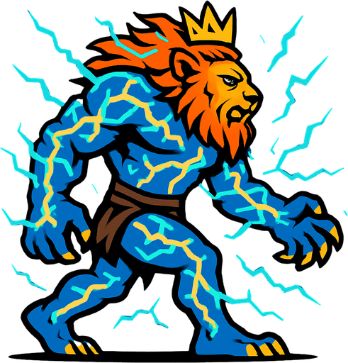 aslan ve insan karışımı yıldırımla kaplı bir canavar kralı sağdan sola yürüyen.
In-Game asset.  2d.  High contrast.  No shadows