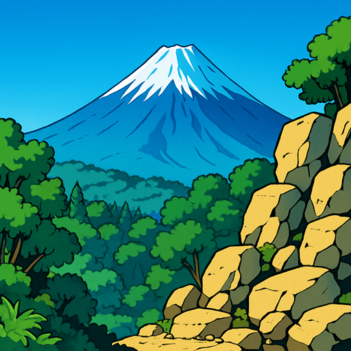 2d anime image pemandangan gunung fuji jepang zaman kuno di kejauhan. wilayah hutan dan bukit bebatuan dari dekat. langit biru cerah.
In-Game asset.  2d.  High contrast.  No shadows
