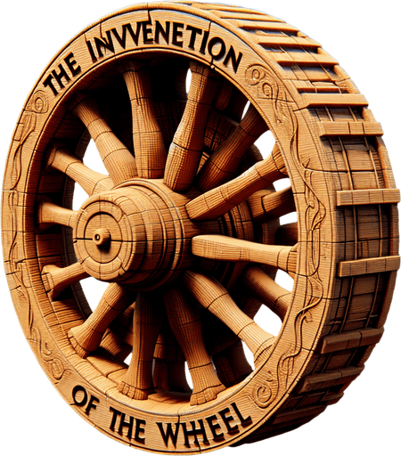 An animated image of a wooden wheel with a sign: The invention of the wheel.
Single Game Texture. In-Game asset. 2d. Blank background. High contrast. No shadows.